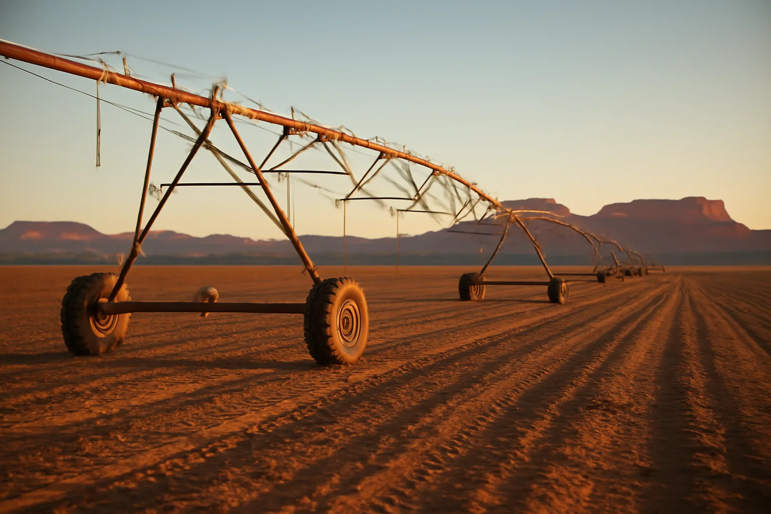 Center pivot irrigation system crossing a dry Utah field at sunset with mesa backdrop