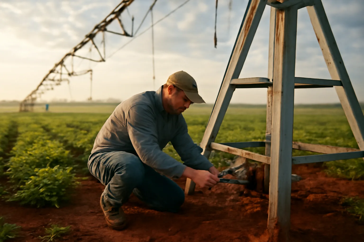 Mechanic repairs a center pivot tower gearbox in an Alabama field