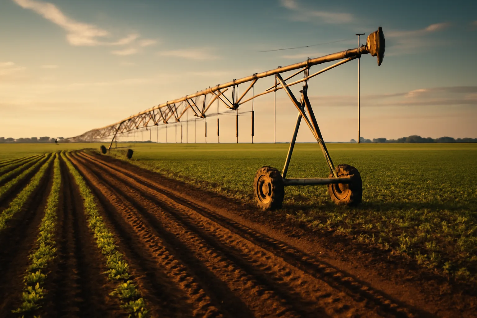 Center pivot irrigation system moving across a flat Tennessee farm field at golden hour