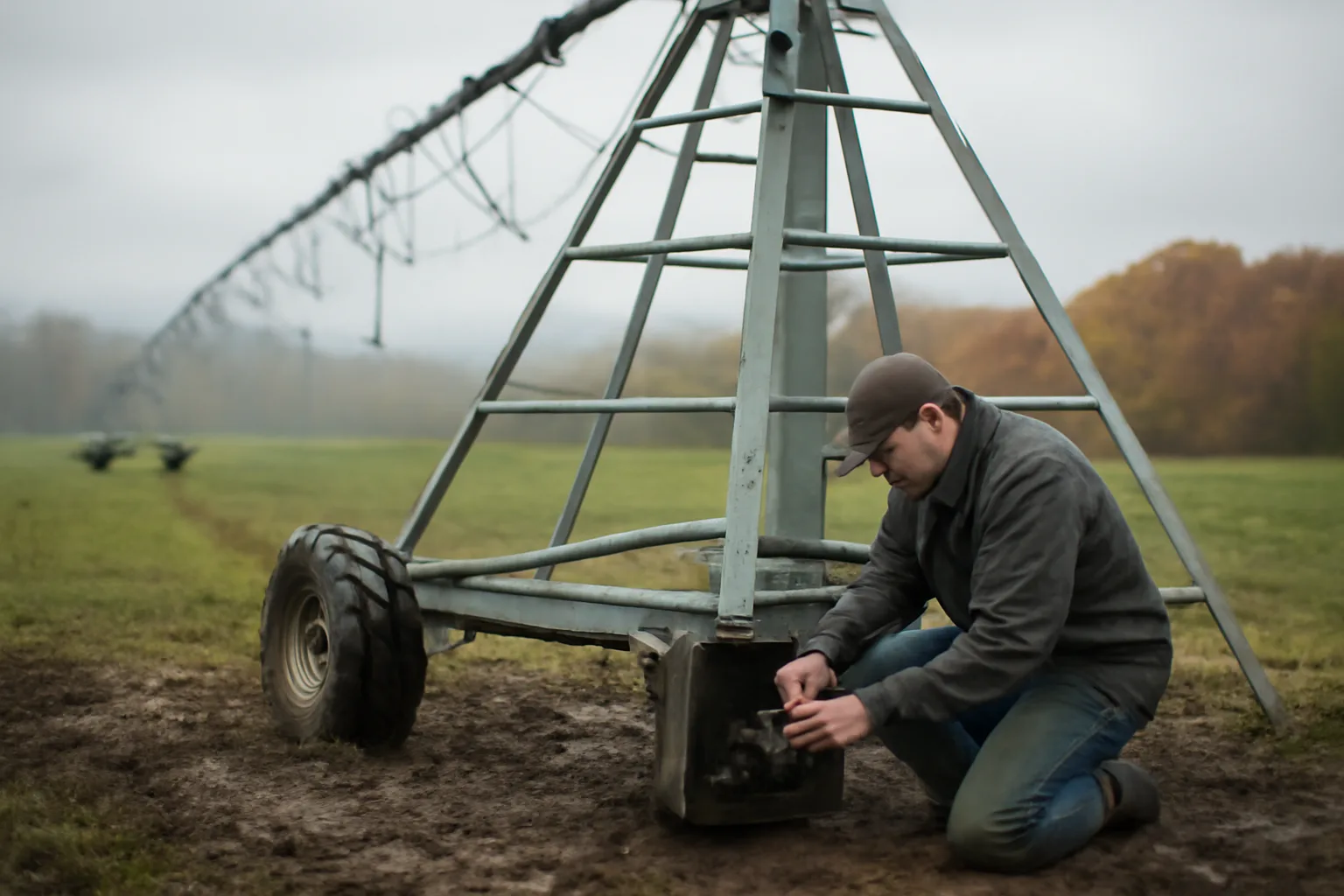 Mechanic works on a center pivot gearbox in a Connecticut field