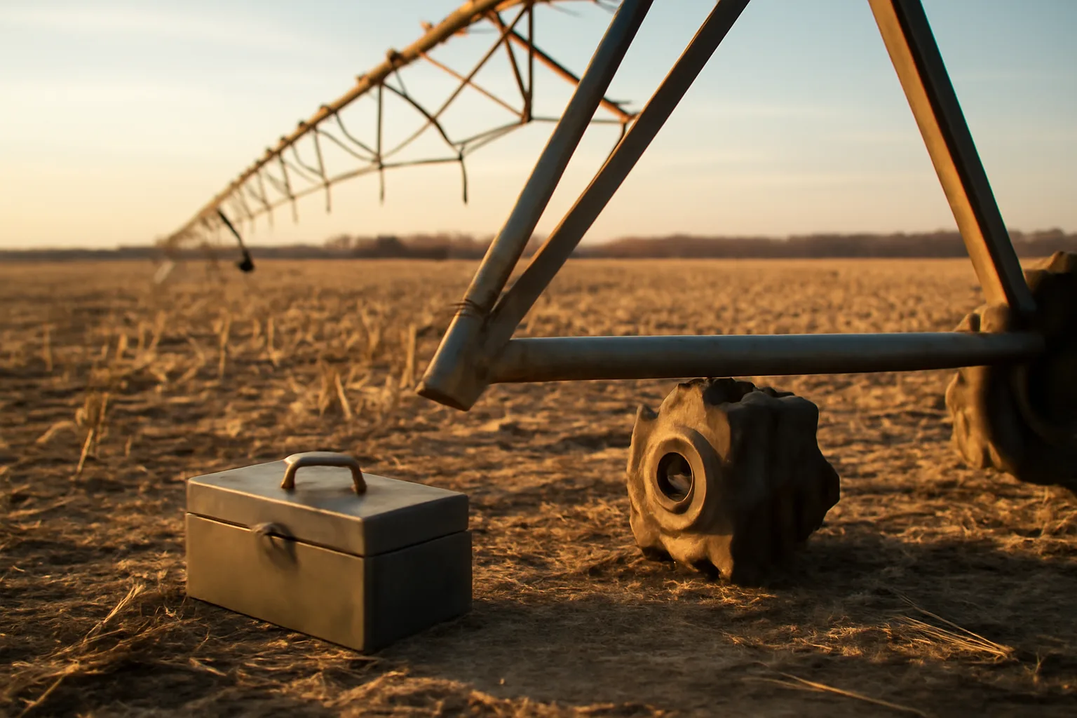 Toolbox and gearbox beside a center pivot in a Delaware field