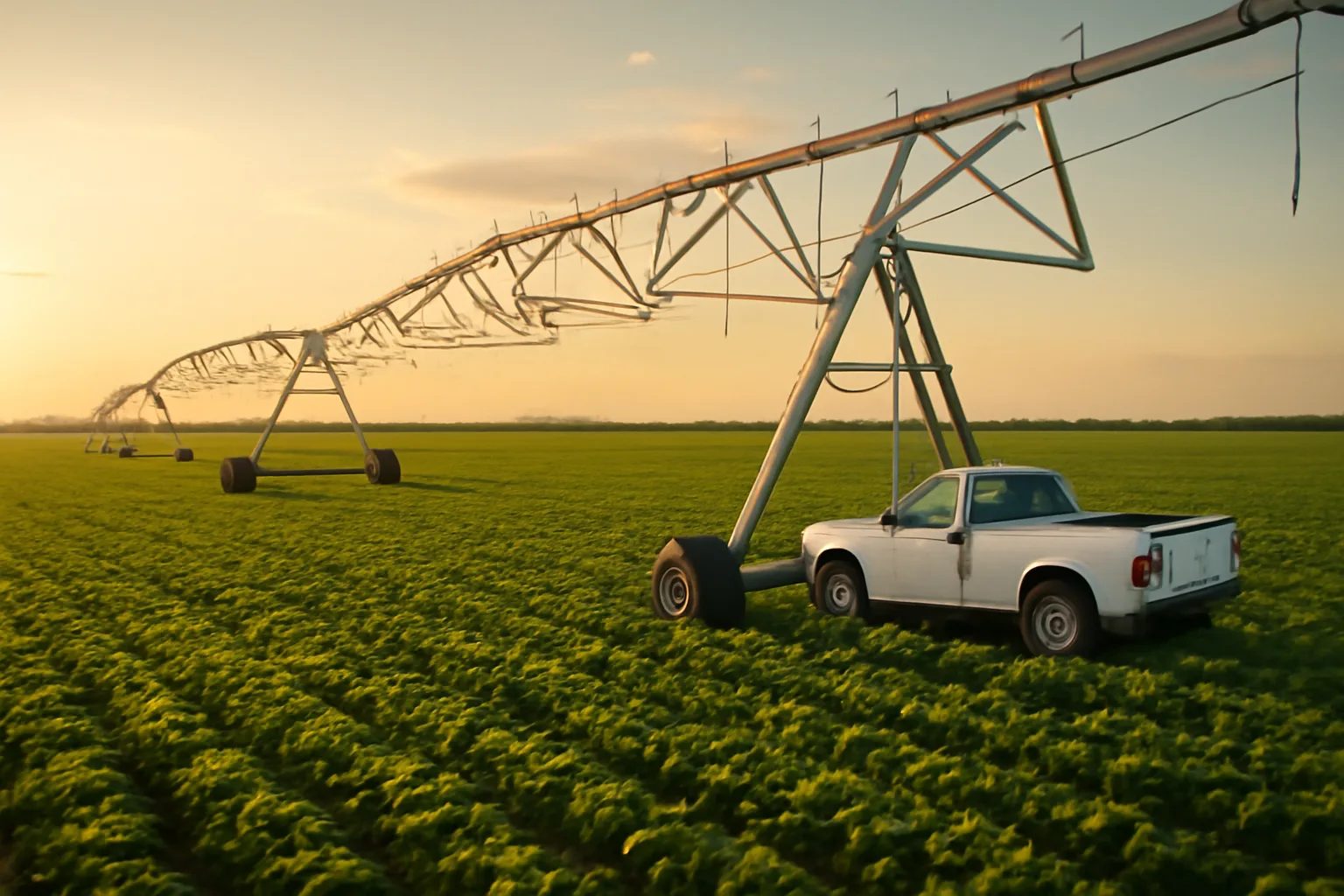 Center pivot irrigation system in a Tennessee field with a repair truck parked at the base tower