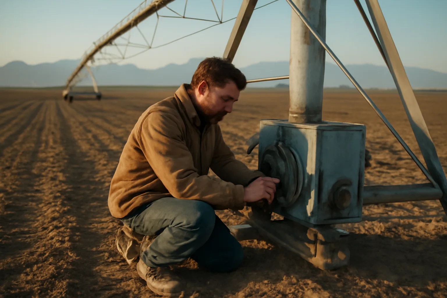 Technician inspecting a center pivot tower drive unit in a Utah irrigation field at dawn
